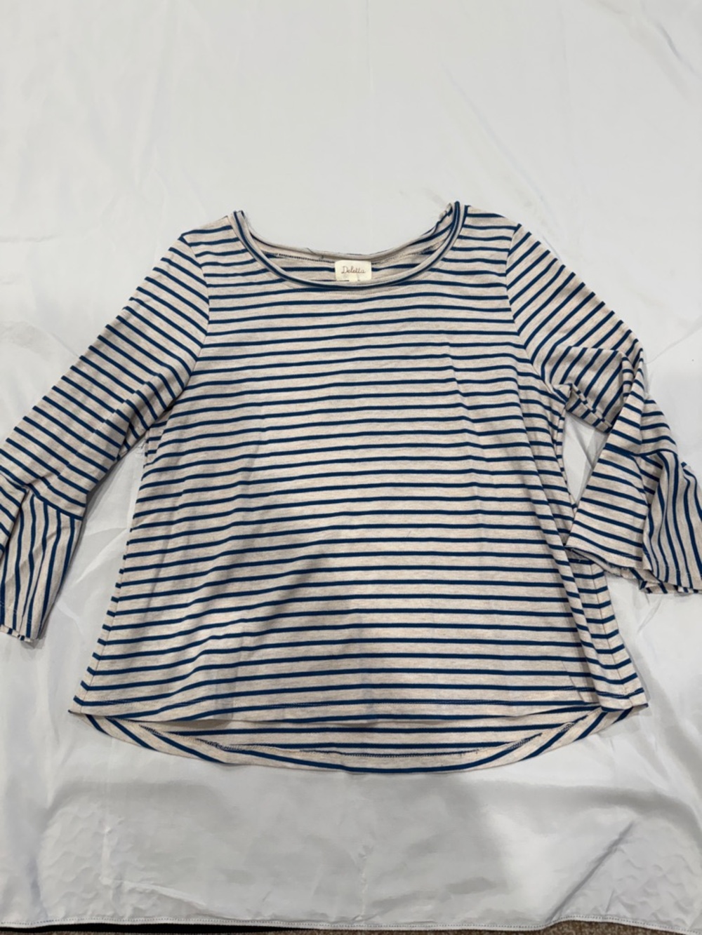 Deletta /Anthropologie Striped Blue and Cream Bell Sleeve Top—Large